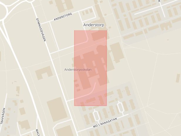 Karta som med röd fyrkant ramar in Gymnasievägen, Anderstorp, Anderstorpsskolan, Skellefteå, Västerbottens län