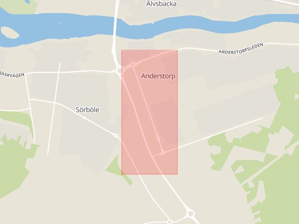 Karta som med röd fyrkant ramar in Anderstorp, Företagsvägen, Gymnasievägen, Skellefteå, Västerbottens län
