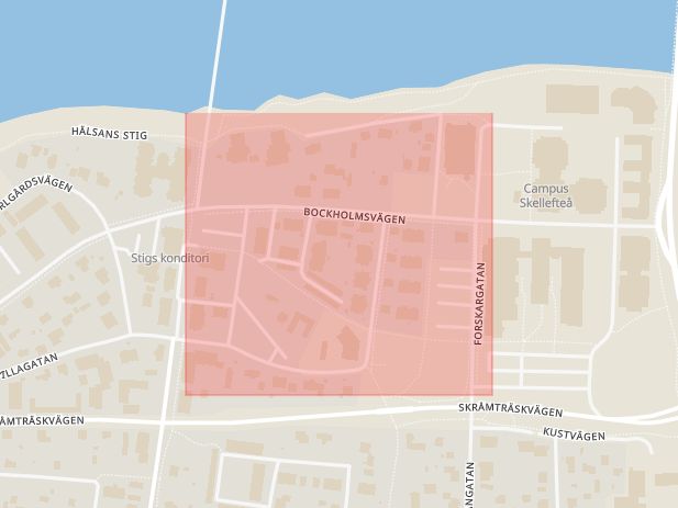 Karta som med röd fyrkant ramar in Bockholmsvägen, Skellefteå, Innertavle, Umeå, Högsta, Bankgatan, Nygatan, Västerbottens län