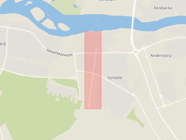 Karta som med röd fyrkant ramar in Sörböle, Brogatan, Skellefteå, Västerbottens län