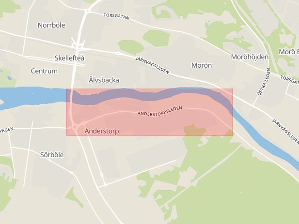 Karta som med röd fyrkant ramar in Västerbotten, Ersmark, Skellefteå Kommun, Anderstorpsleden, Vilhelmina, Storuman, Åskilje, Västerbottens län