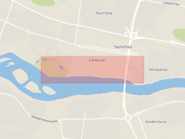 Karta som med röd fyrkant ramar in Strandpromenaden, Strandgatan, Yttersta, Skellefteå, Västerbottens län