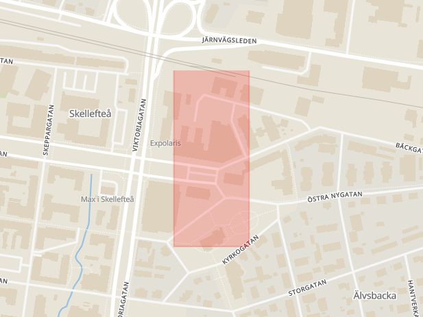 Karta som med röd fyrkant ramar in Skellefteå, Umeå, Kanalgatan, Västerbottens län