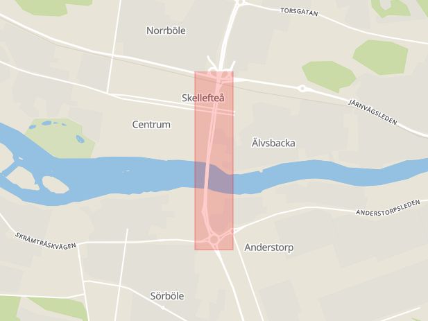 Karta som med röd fyrkant ramar in Viktoriagatan, Skellefteå, Västerbottens län