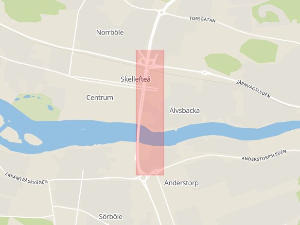 Karta som med röd fyrkant ramar in Viktoriagatan, Skellefteå, Västerbottens län