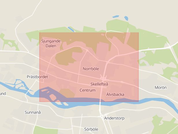 Karta som med röd fyrkant ramar in Umeå, Sandbacka, Lycksele, Vindelgransele, Björksele, Skellefteå, Norrböle, Byske, Västerbottens län
