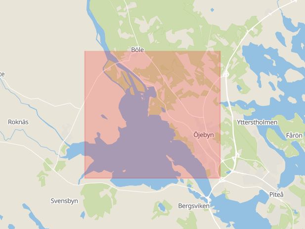 Karta som med röd fyrkant ramar in Nya Älvvägen, Öjebyn, Piteå, Rutvik, Luleå, Boden, Garnisonen, Norrbottens län