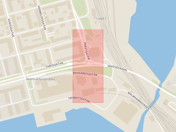 Karta som med röd fyrkant ramar in Prästgatan, Södra Hamnleden, Luleå, Norrbottens län