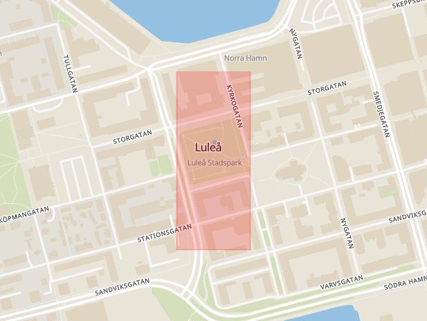 Karta som med röd fyrkant ramar in Stadsparken, Luleå, Norrbottens län