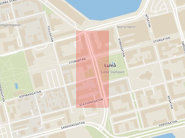 Karta som med röd fyrkant ramar in Stadshuset, Luleå, Norrbottens län