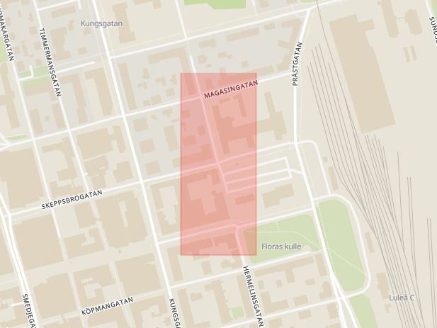Karta som med röd fyrkant ramar in Hermelinsgatan, Skeppsbrogatan, Luleå, Norrbottens län