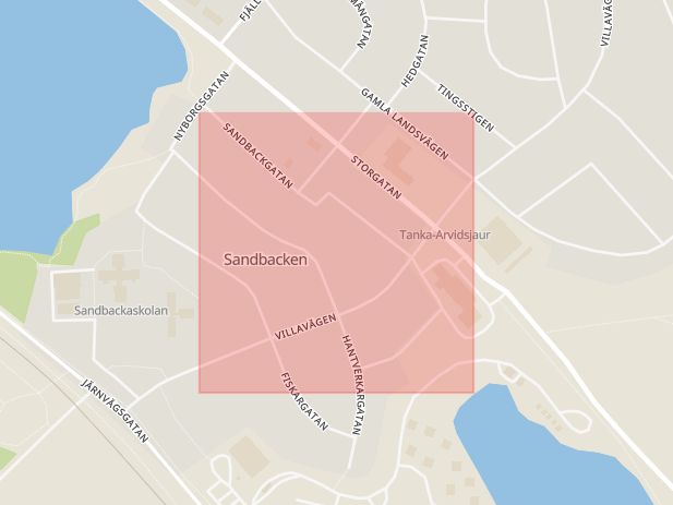 Karta som med röd fyrkant ramar in Sandbacksgatan, Arvidsjaur, Norrbottens län