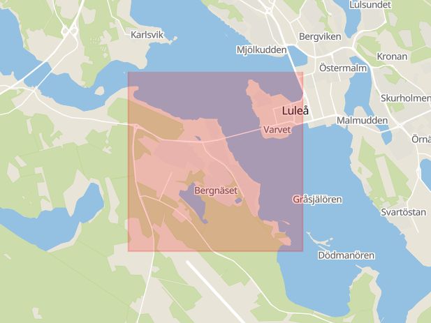 Karta som med röd fyrkant ramar in Bergnäset, Boden, Kvarnängen, Kläppgatan, Östra Strandvägen, Skara, Norrbottens län