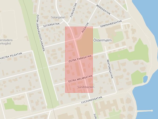 Karta som med röd fyrkant ramar in Östermalm, Backgatan, Östra Parkgatan, Luleå, Norrbottens län