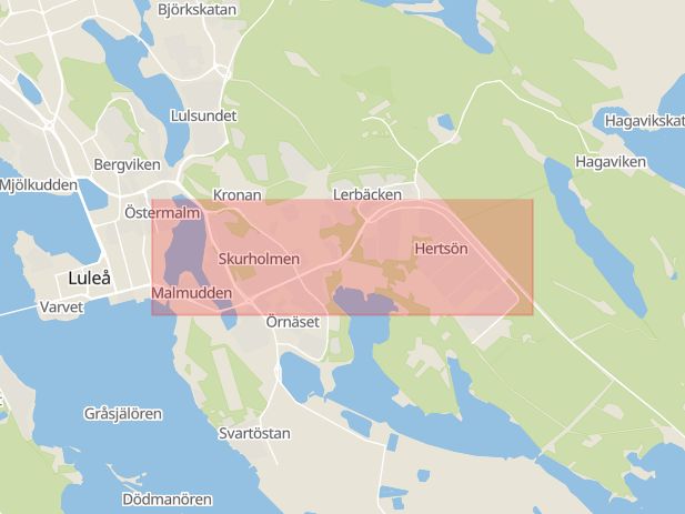 Karta som med röd fyrkant ramar in Hertsövägen, Luleå, Norrbottens län