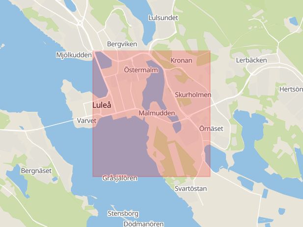 Karta som med röd fyrkant ramar in Svartövägen, Östermalm, Luleå, Norrbottens län