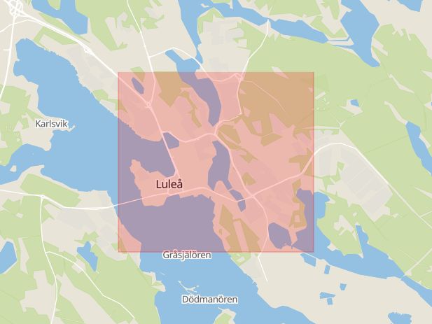 Karta som med röd fyrkant ramar in Östermalm, Innergatan, Orange, Luleå, Piteå, Älvsbyn, Norrbottens län