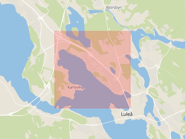 Karta som med röd fyrkant ramar in Boden, Luleå, Norrbotten, Norrbottens län