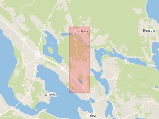 Karta som med röd fyrkant ramar in Haparandavägen, Bergviken, Luleå, Norrbottens län