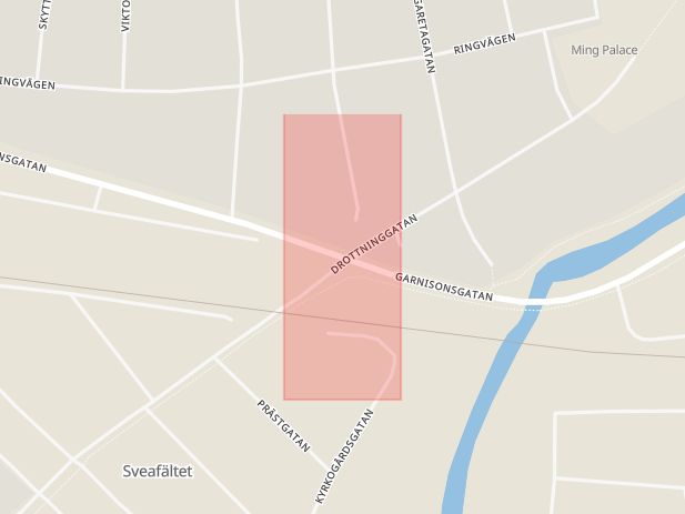 Karta som med röd fyrkant ramar in Drottninggatan, Garnisonsgatan, Boden, Norrbottens län