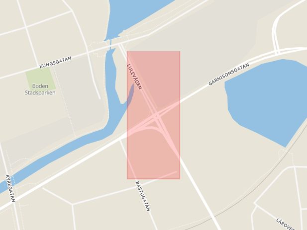 Karta som med röd fyrkant ramar in Garnisonsgatan, Lulevägen, Boden, Norrbottens län