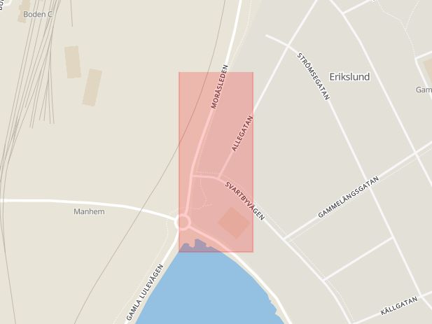 Karta som med röd fyrkant ramar in Moråsleden, Erikslund, Boden, Norrbottens län