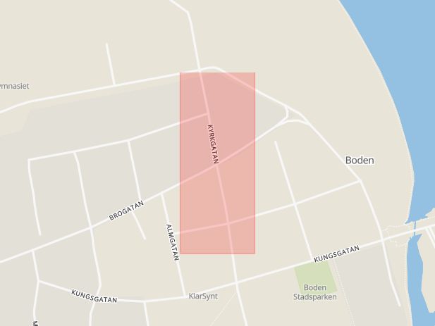 Karta som med röd fyrkant ramar in Brogatan, Kyrkgatan, Boden, Norrbottens län