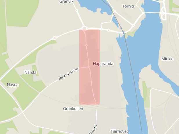 Karta som med röd fyrkant ramar in Västra Esplanaden, Haparanda, Norrbottens län