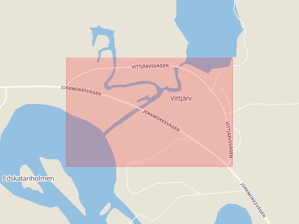 Karta som med röd fyrkant ramar in Vittjärvsvägen, Boden, Norrbottens län