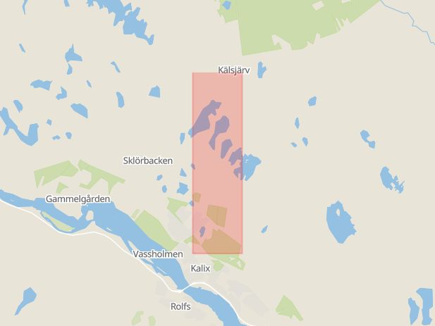 Karta som med röd fyrkant ramar in Vitvattenvägen, Kalix, Norrbottens län