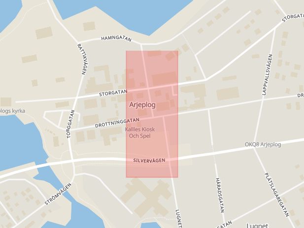 Karta som med röd fyrkant ramar in Centralgatan, Drottninggatan, Arjeplog, Norrbottens län