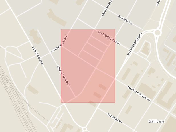 Karta som med röd fyrkant ramar in Klockaregatan, Vila, Gällivare, Norrbottens län
