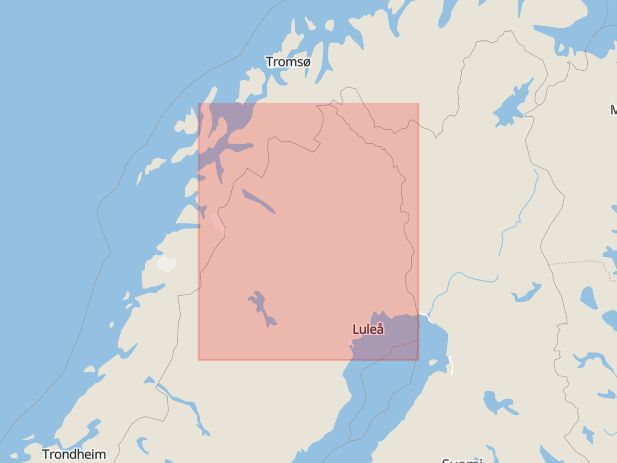 Karta som med röd fyrkant ramar in Piteå, Kåbdalis, Jokkmokk, Kalix, Norrbotten, Norrbottens län