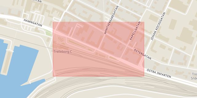 Karta som med röd fyrkant ramar in Järnvägsgatan, Trelleborg, Skåne län