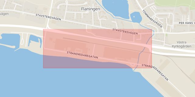 Karta som med röd fyrkant ramar in Strandridaregatan, Trelleborg, Skåne län