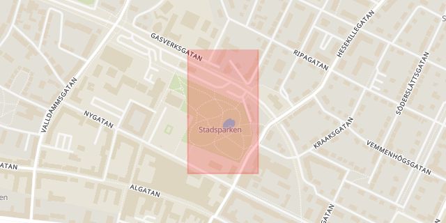 Karta som med röd fyrkant ramar in Stadsparken, Trelleborg, Skåne län