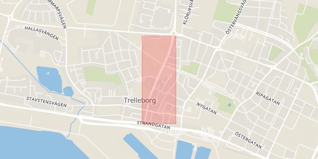 Karta som med röd fyrkant ramar in Bryggaregatan, Trelleborg, Skåne län