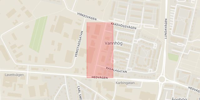 Karta som med röd fyrkant ramar in Vannhögsgatan, Trelleborg, Skåne län