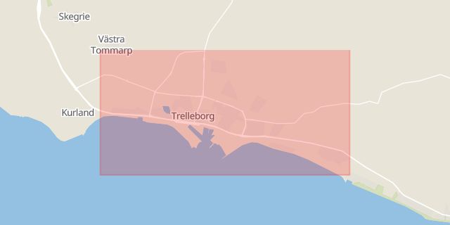 Karta som med röd fyrkant ramar in Trelleborg, Ystad, Skåne län