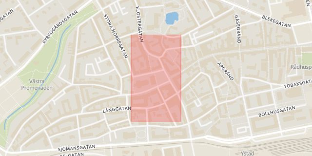 Karta som med röd fyrkant ramar in Stortorget, Ystad, Skåne län