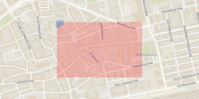 Karta som med röd fyrkant ramar in Stora Östergatan, Ystad, Skåne län
