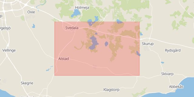Karta som med röd fyrkant ramar in Malmö, Svedala, Skåne län