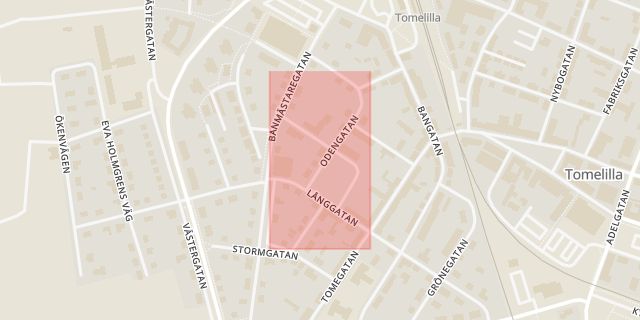 Karta som med röd fyrkant ramar in Torsgatan, Tomelilla, Skåne län