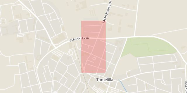 Karta som med röd fyrkant ramar in Norregatan, Tomelilla, Skåne län