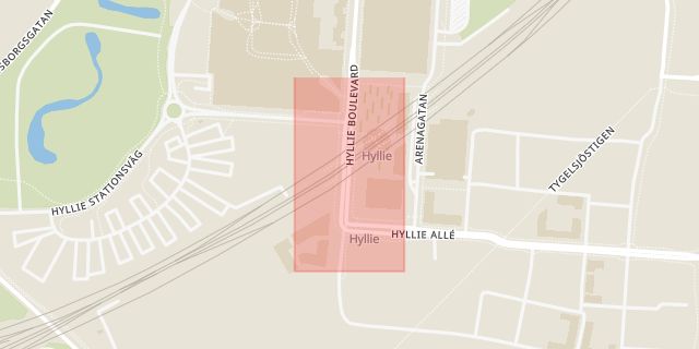 Karta som med röd fyrkant ramar in Hyllie, Arenatorget, Hyllie Boulevard, Arenagatan, Malmö, Skåne län