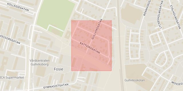 Karta som med röd fyrkant ramar in Kattviksgatan, Möllevången, Malmö, Skåne län
