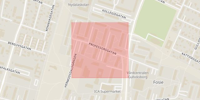 Karta som med röd fyrkant ramar in Professorsgatan, Malmö, Skåne län