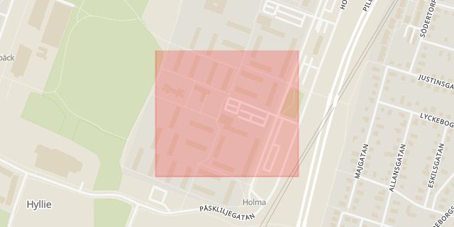 Karta som med röd fyrkant ramar in Holma, Snödroppsgatan, Malmö, Skåne län