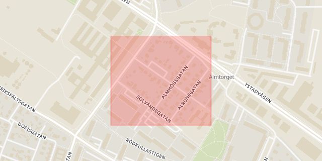 Karta som med röd fyrkant ramar in Ärenprisgatan, Malmö, Skåne län