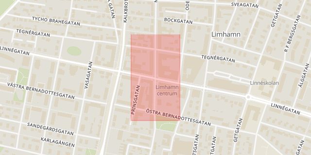 Karta som med röd fyrkant ramar in Limhamn, Linnégatan, Järnvägsgatan, Malmö, Skåne län